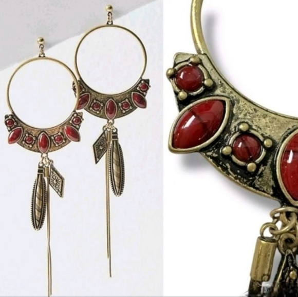 Free People Winona Hoops In Brass Red Jasper Boho Dangles - Picture 2 of 7
